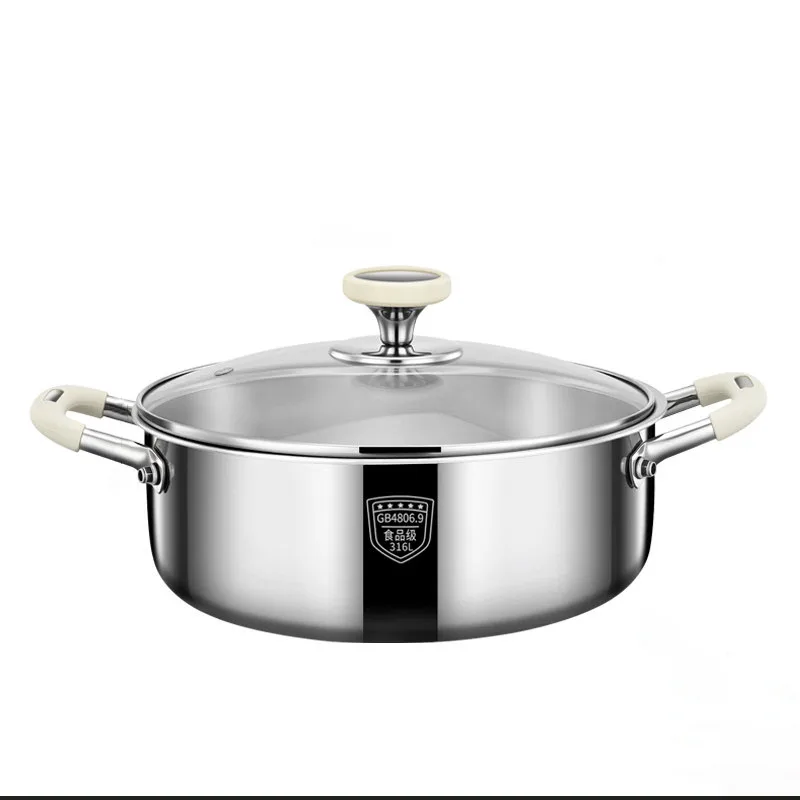 316 Stainless Steel Classic Two-flavor Large Capacity Gas Cooker Compatible Restaurant Soup Pot Cookware Glass Cover