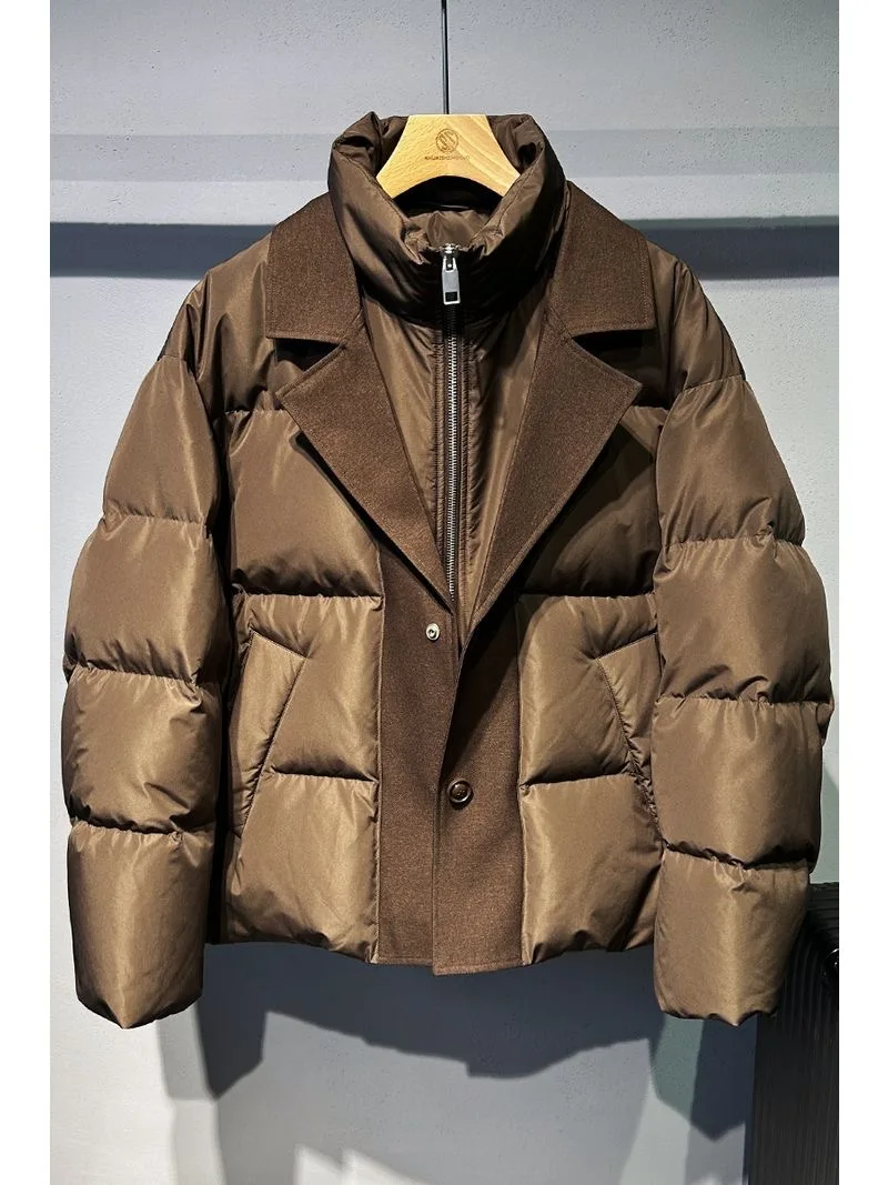 

Men's Double Collar Down Jacket, Warm Thick Outerwear, Loose Fit Bread Suit Style, Winter, New, 2025