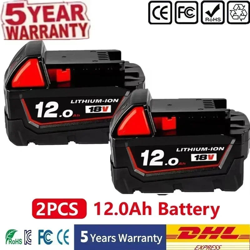 voor Milwaukee M18 Power Tool Batterij, Oplader, BR, XC, 18V, 12000mAh M18B5, 48-11-1860, Ingebouwde 21700 Batterij