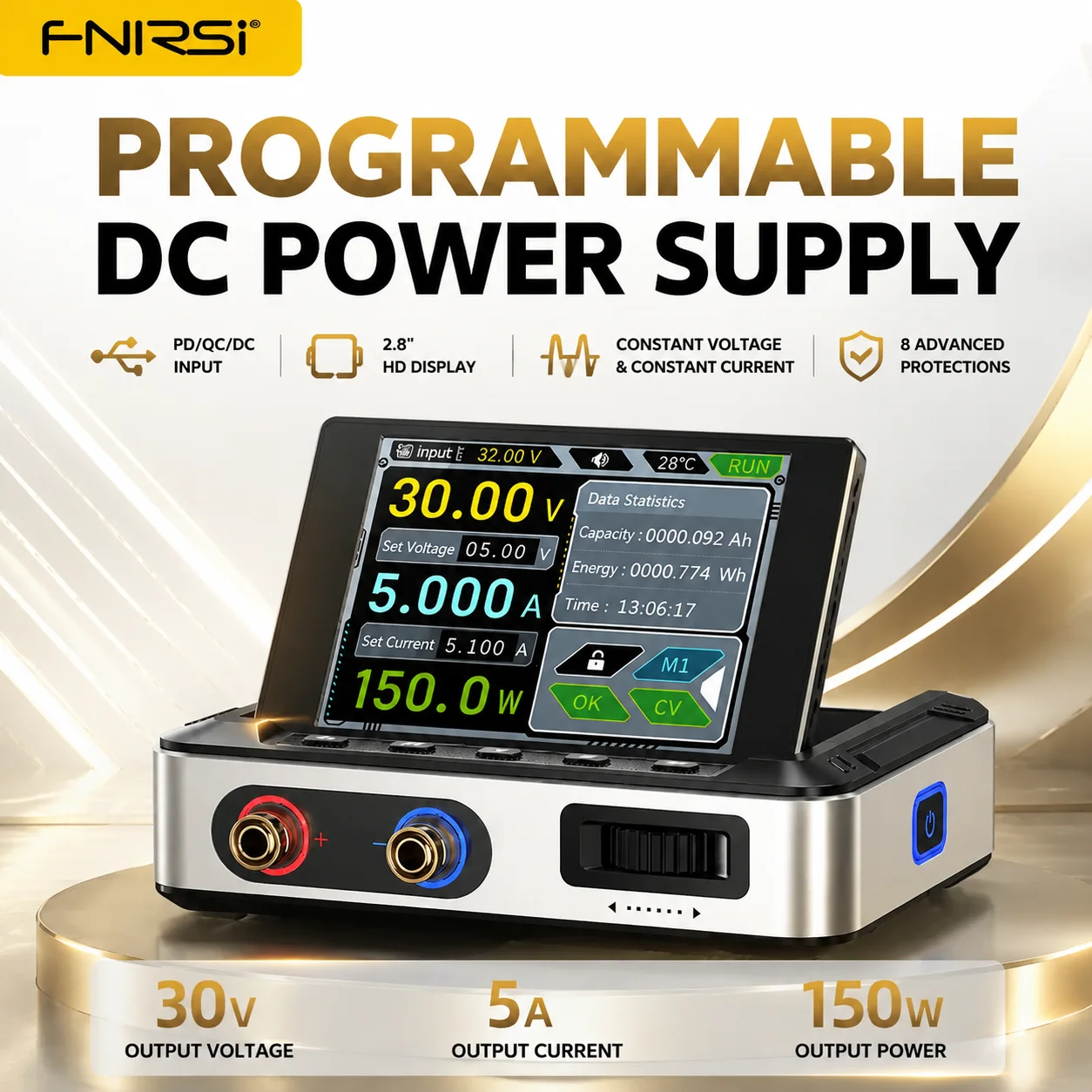 

FNIRSI DPS150 Programmable DC Power Supply 30V 5A 150W Adjustable Voltage Current Source IPS Flip Screen PD QC Input Tester Tool