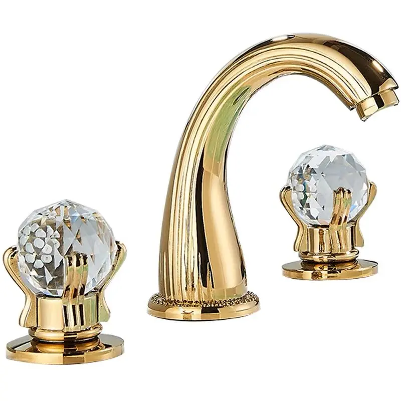 Tuqiu Gold Basin Faucet Black Widespread Sink Tap Brass Faucet Bathroom Sink Faucet 3 Hole Crystal Handle Hot And Cold Water Tap
