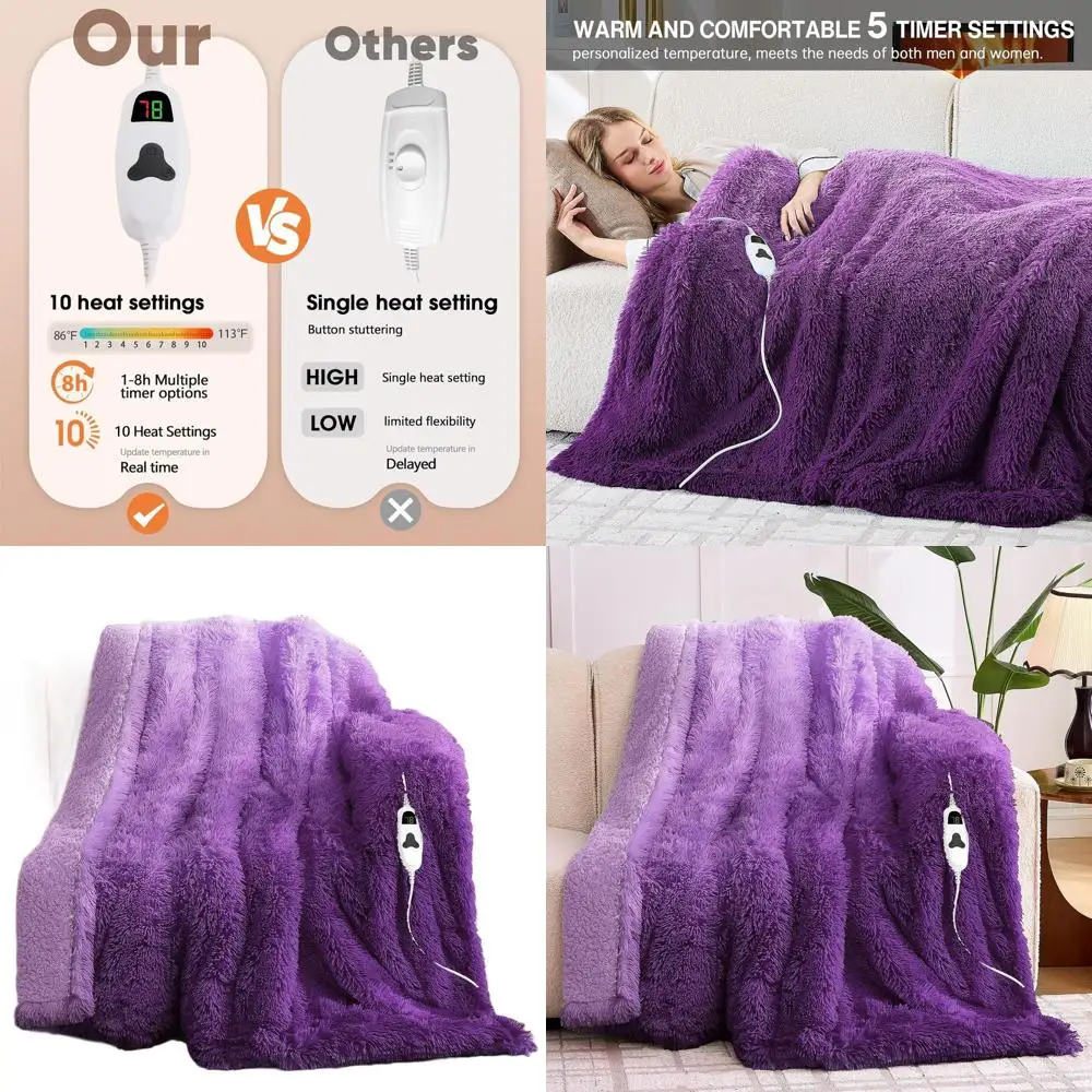 

Twin Size Heated Blanket - Faux Fur & Sherpa, 10 Heat/5 Timer Settings, Quick Warmth, 62x84, Purple