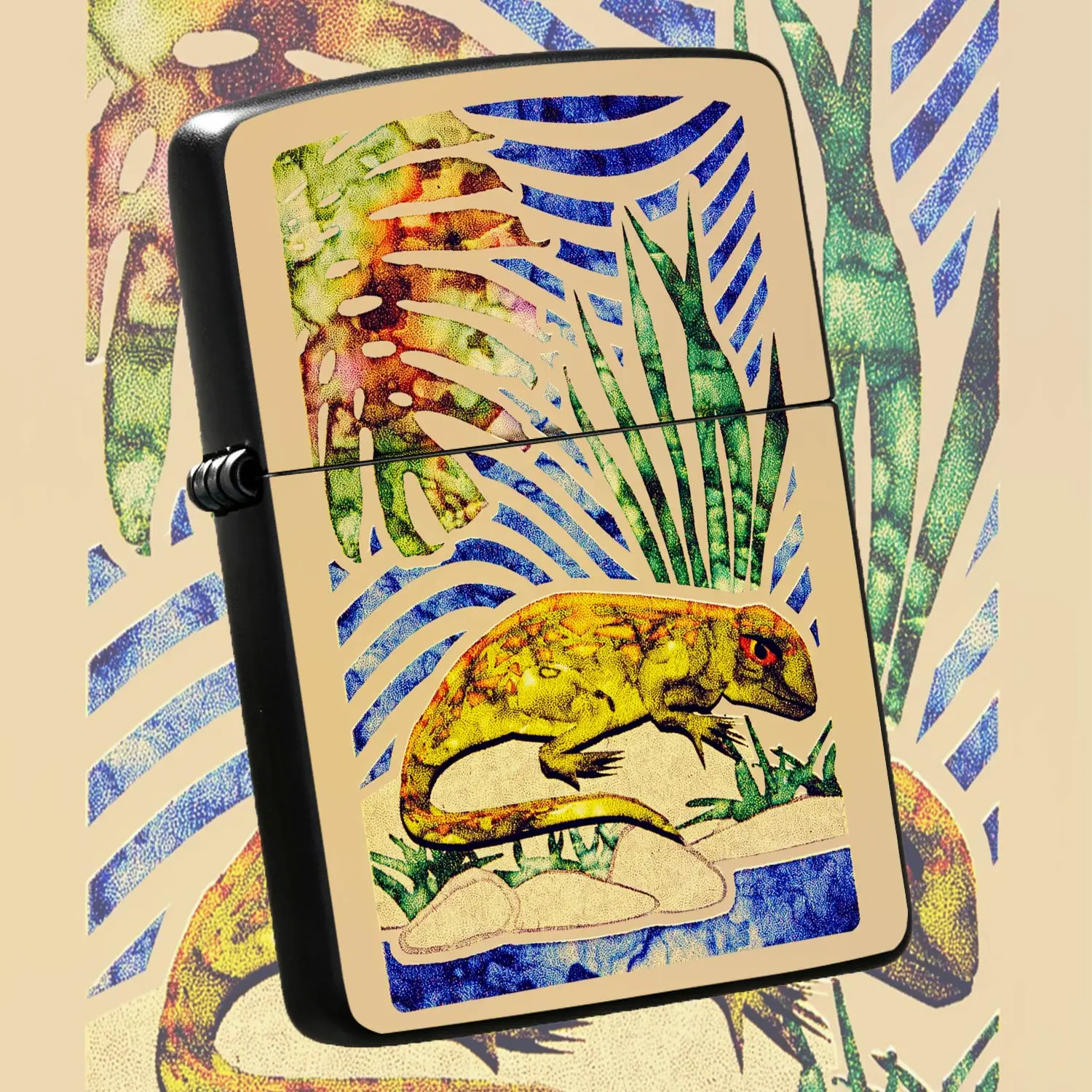 Vintage Tropical Lizard Art Print Lighter, Exotic Hand-Painted Jungle Aesthetic Portable Igniter, Stylish All-Scene Daily Use Accessory, Unique Artistic Decorative Item For Camping Travel Gifting, Eye-Catching Retro Tro A Humorous And Inter