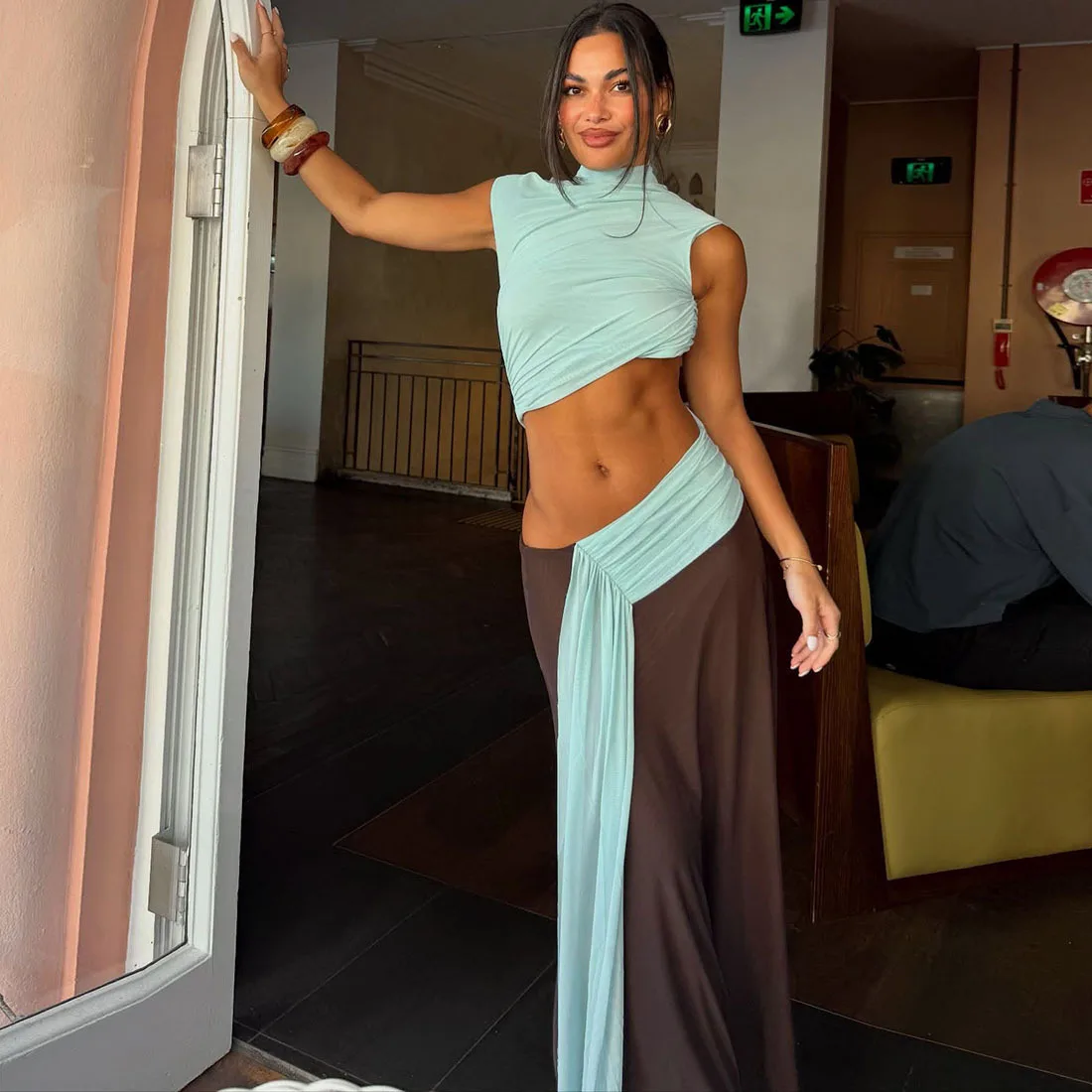 Sexy retalhos saias conjuntos de duas peças para mulheres moda sem mangas regatas e saias longas feminino conjuntos de vestido casual 2026