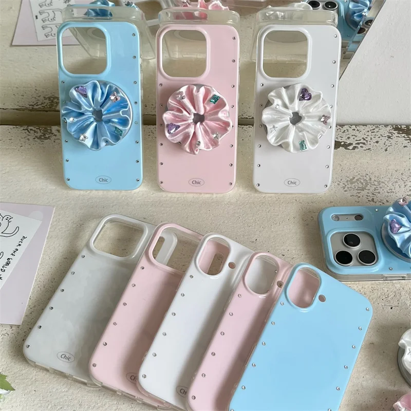 

Simple Solid Color Diamond Magnetic Phone Case For iPhone 17 Pro 16 15 14 Pro Max Cover with Flower Stand Cases For Magsafe Cute
