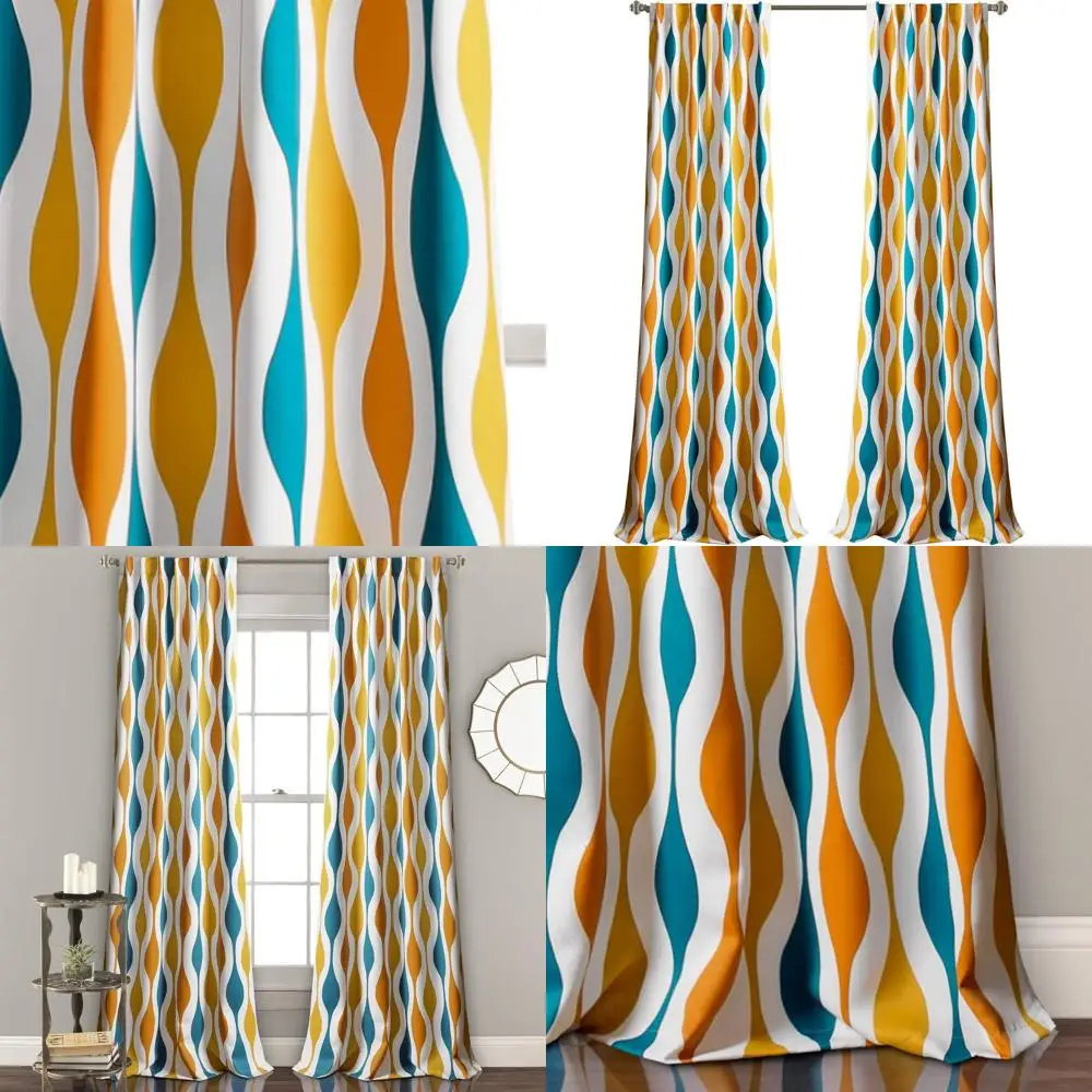 

Геометрические светопропускающие шторы в стиле середины века, 108 x 52, бирюзовый и оранжевый цвета