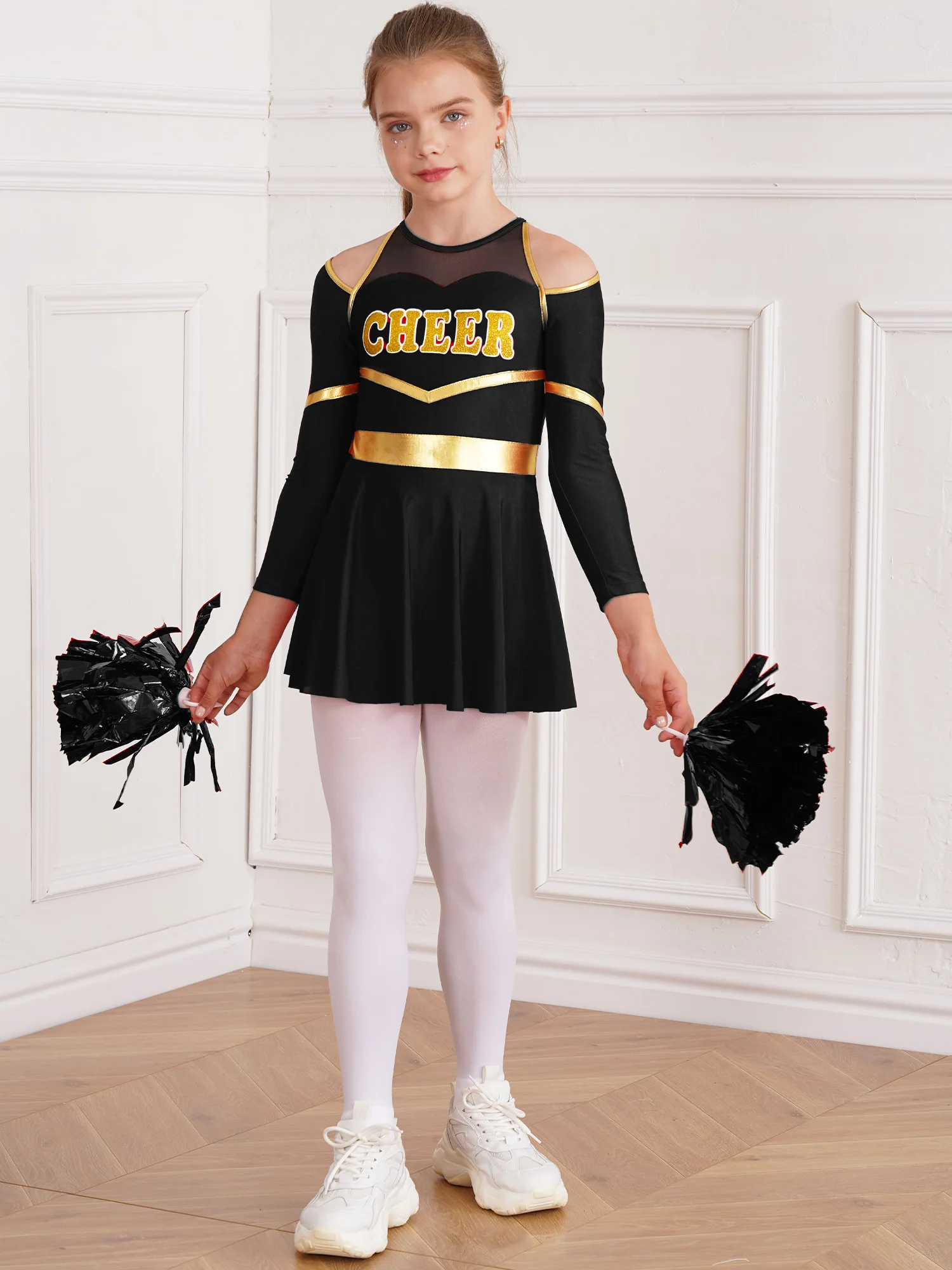 

Girls Cosplay Cheering Team Costume School Girls Cheerleading Uniform Cheerlead Dress with Hand Flowers Cheer Dance Outfit