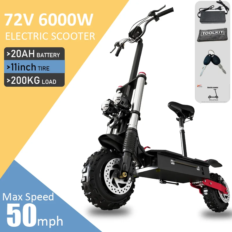 

Top Speed 50MPH 6000W Adult Electric Scooter Dual Motors 72V 20AH Battery 11-inch Off-Road Tires Folding eScooter with Seat