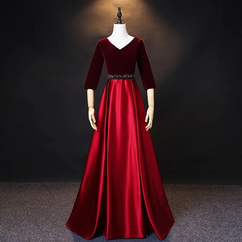 

GUXQD A-Line Burgundy Satin Evening Dresses Women Sequins Half Sleeves Prom Party Gowns Formal Vestido De Noche robes de soirée