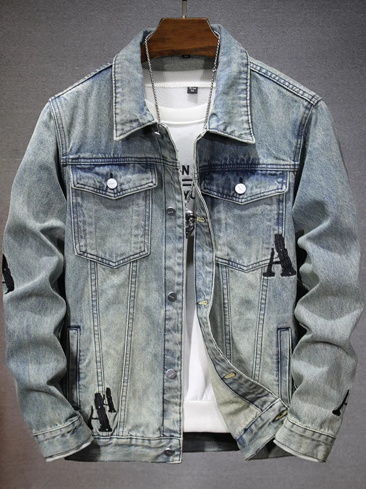 

Джинсовый тюнер в стиле ретро с американской вышивкой букв, мужской осенний новый свободный джинт высокого класса из смеси хлопка и полиэстера Long Sve