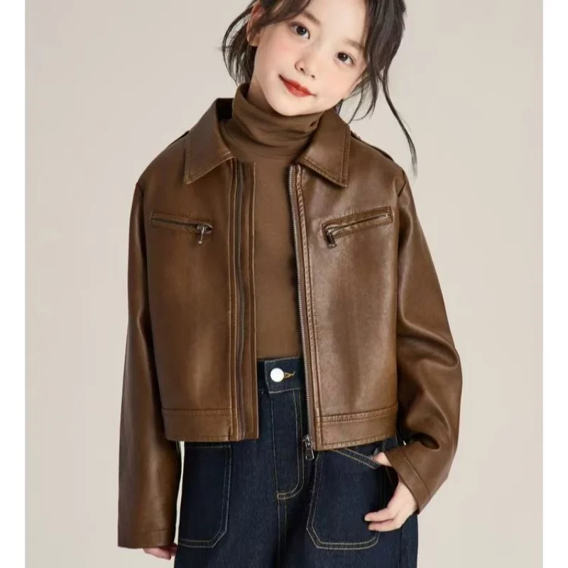 

Girls' PU Leather Jacket Spring and Autumn new Korean Version Loose and Versatile Lapel Zipper Jacket Leather Jacket Motorcycle