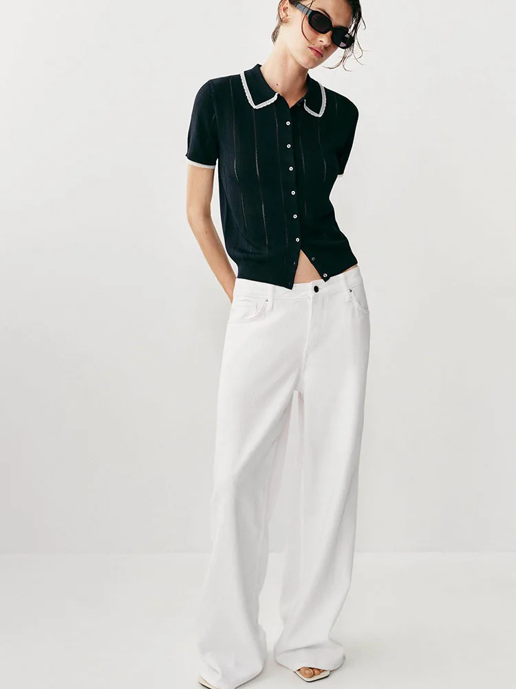 New Autumn Women's Knitted Short Sleeve  Shirt Collar Outerwear Lace Decorated Casual Style Standard Fit Single Piece
