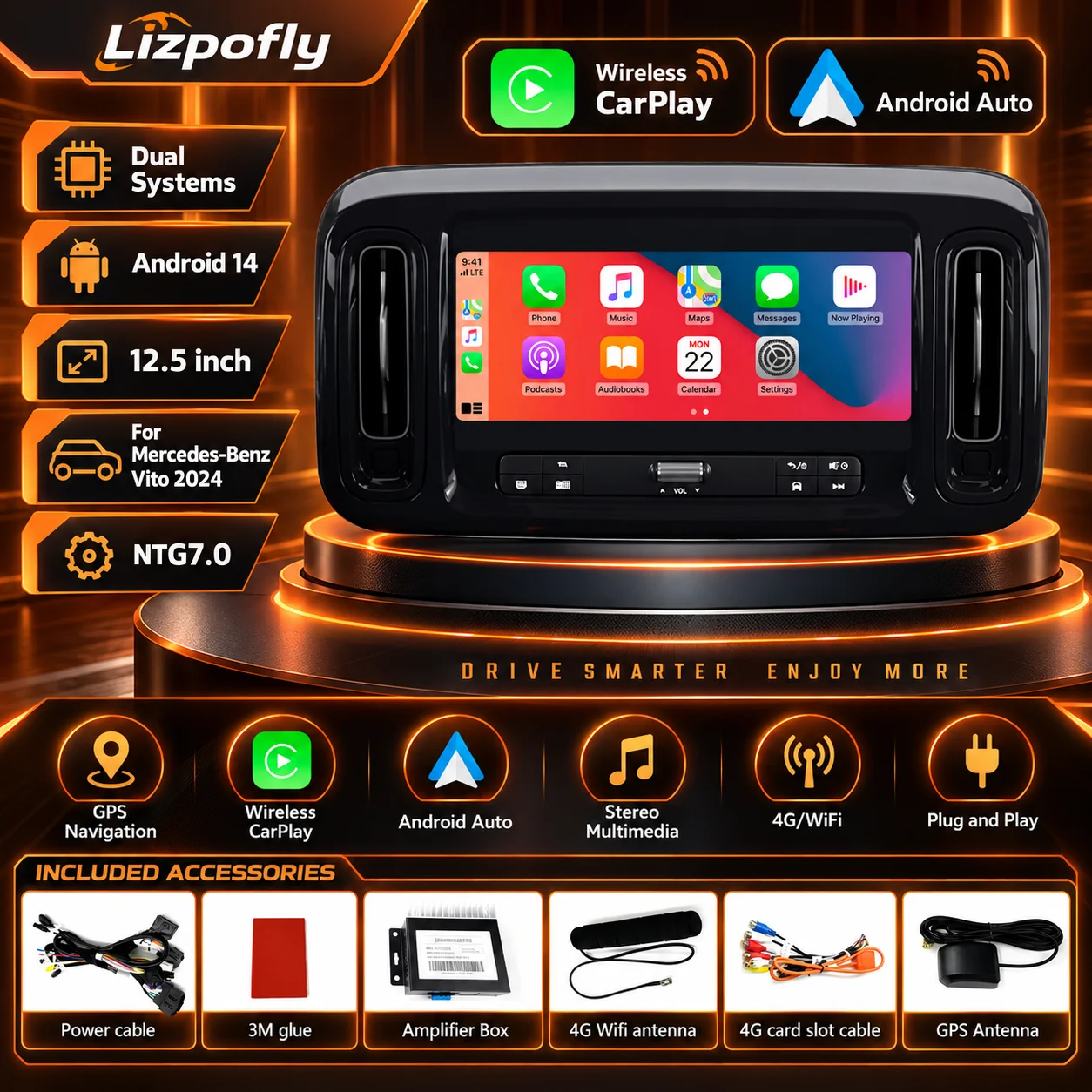 Lizpofly 12.5' Android14 CarPlay for Mercedes Benz Vito 2024 Wireless NGT7.0 GPS Stereo Multimedia Head Unit with Android Auto