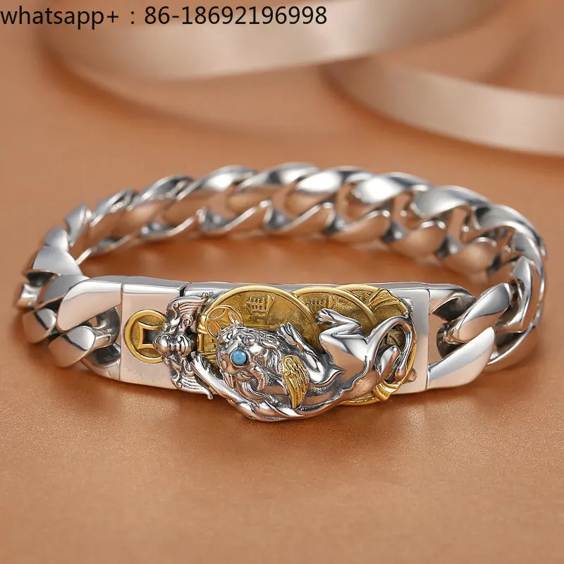Pixiu Silver Bracelet Men's Sterling Silver Solid Retro Wide Edition