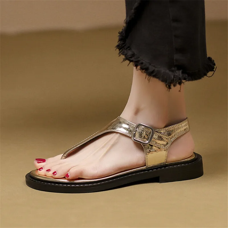 Summer Sandals Leather Women Shoes Round Toe Low Heel Sandals for Women Handmade Clip Toe Fashion Sandals and Slippers