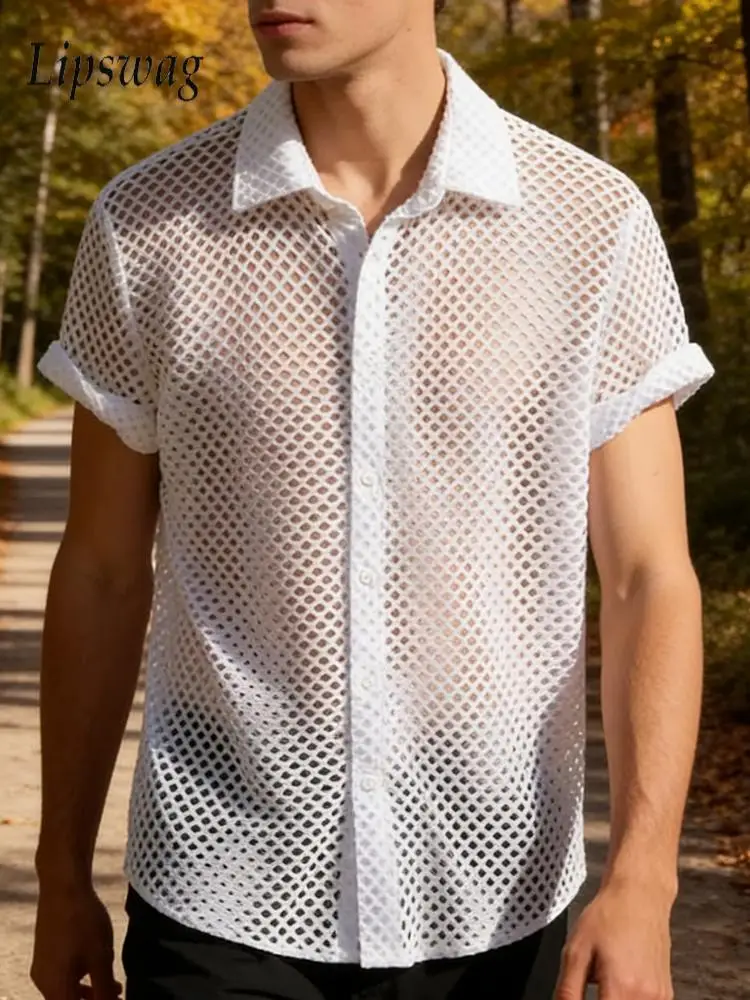 

Весенне-летние повседневные рубашки для отдыха, мужская сетчатая рубашка с коротким рукавом и отложным воротником на пуговицах, модная мужская рубашка