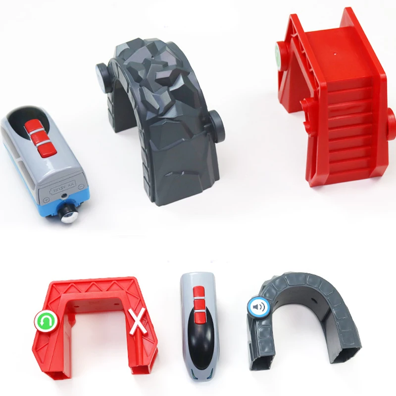 Juego de cueva de coche de juguete de Tren Eléctrico para niños, inducción inalámbrica, tren de sonido que cruza la cueva, adecuado para la mayoría de las marcas de riel de madera