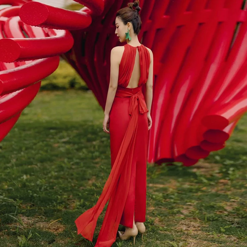 

Элегантное красное вечернее платье для невесты с вырезом халтер, длиной в пол, облегающее, с молнией и открытой спиной