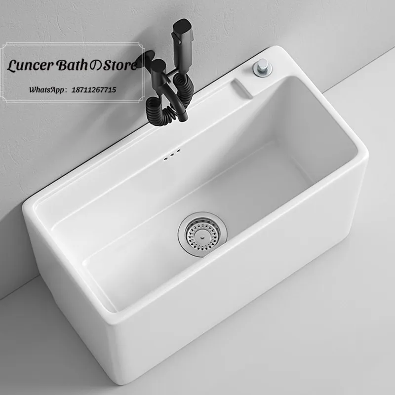 Integrated Ceramic Mop Sink, Large Capacity Floor-standing Utility Sink Countertop Control Mop Basin for Home Balcony & Bathroom