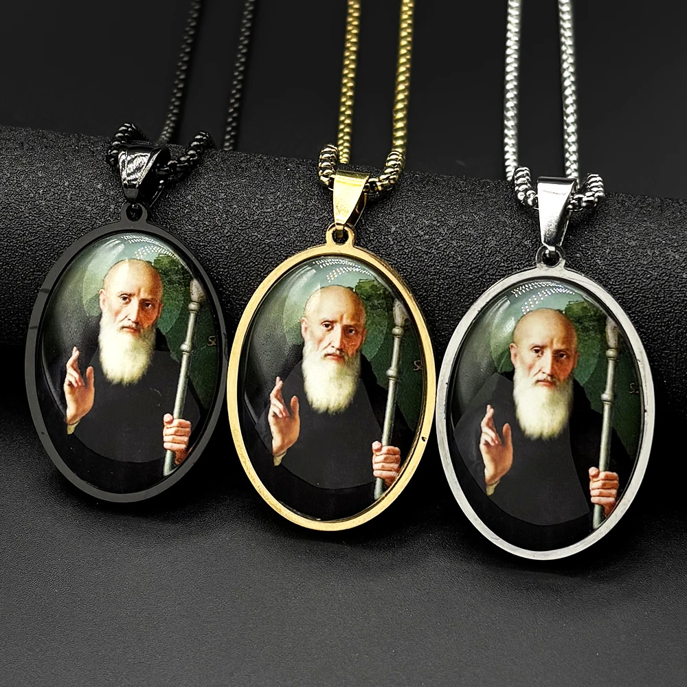 Catholic Saint Benedict Glass Oval Medal Necklace for Women Men Stainless Steel Silver Color San Benito Amulet Chain Jewelry