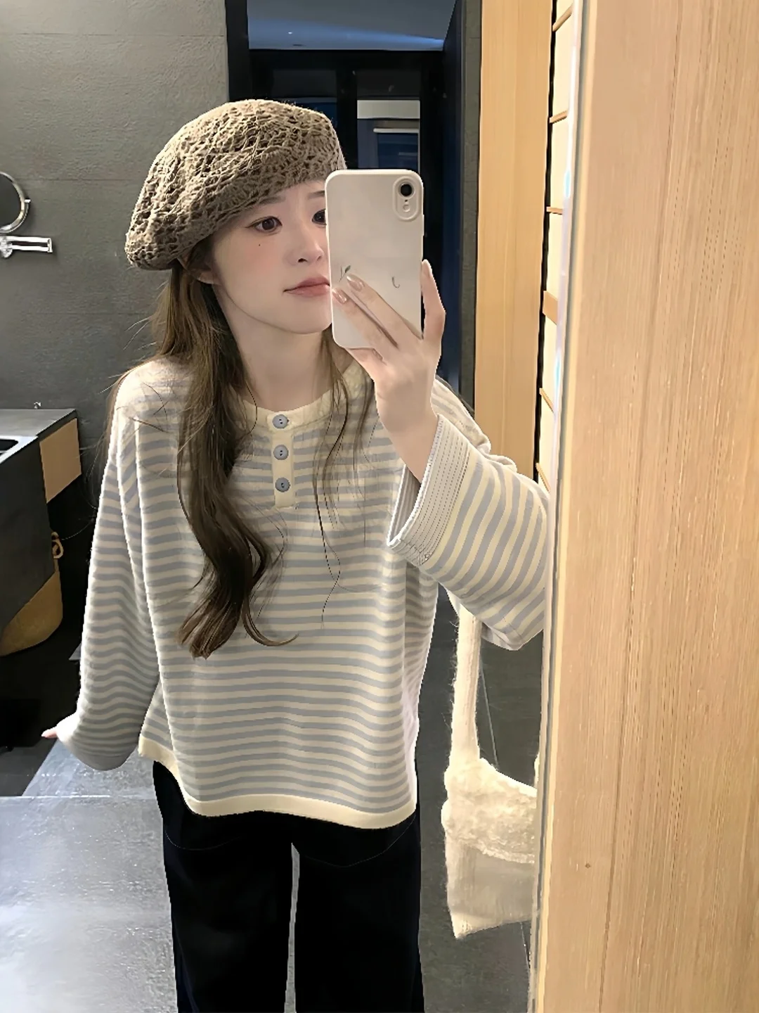 

Корейский вязаный топ Long Sve в сине-белую полоску, женский ленивый моон, ранняя осень, свободный крой, милый круглый топ Ne