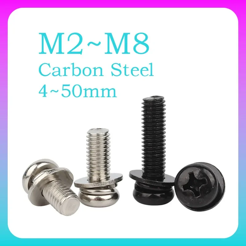 2~50 Pcs Nickel Plated/Black Zinc Round Pan Head Phillips Screw Set M2 M2.5 M3 M4 M5 M6 M8 Carbon Steel Cross Round Head Bolts