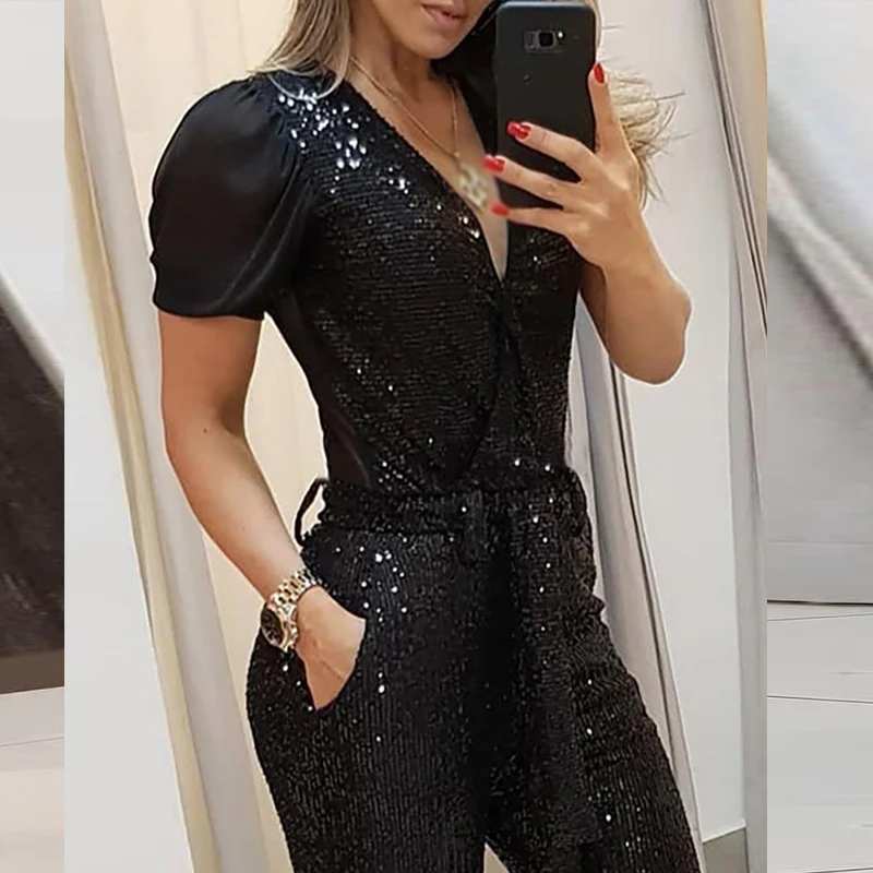 Pelele de fiesta con cinturón brillante para mujer, mono informal de manga corta con cuello en V, mono de lentejuelas de retazos brillantes a la moda