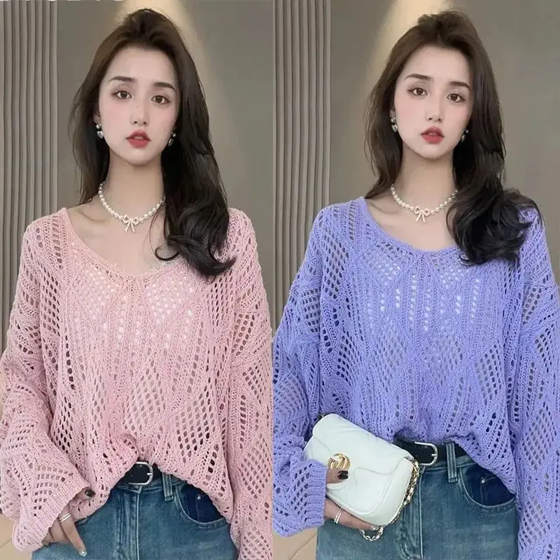2023 New Spring Summer Hollow Out Knitwear Women Sweater Thin Top Versatile Underlay Pullover Oversize Women Long Sleeve Top