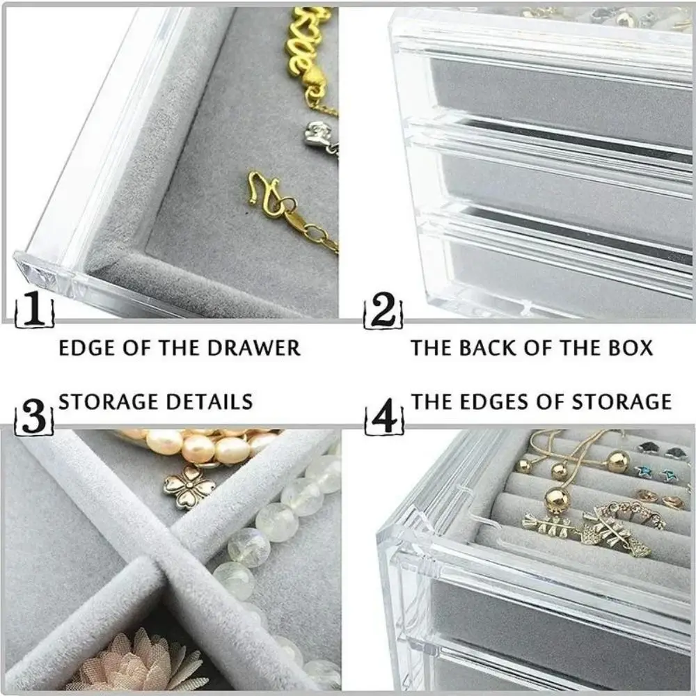 High-Capacity Flannel Jewelry Box 3-Layer Transparent Drawer Storage Box Oxidation-resistant Acrylic Korean Style Jewelry Box