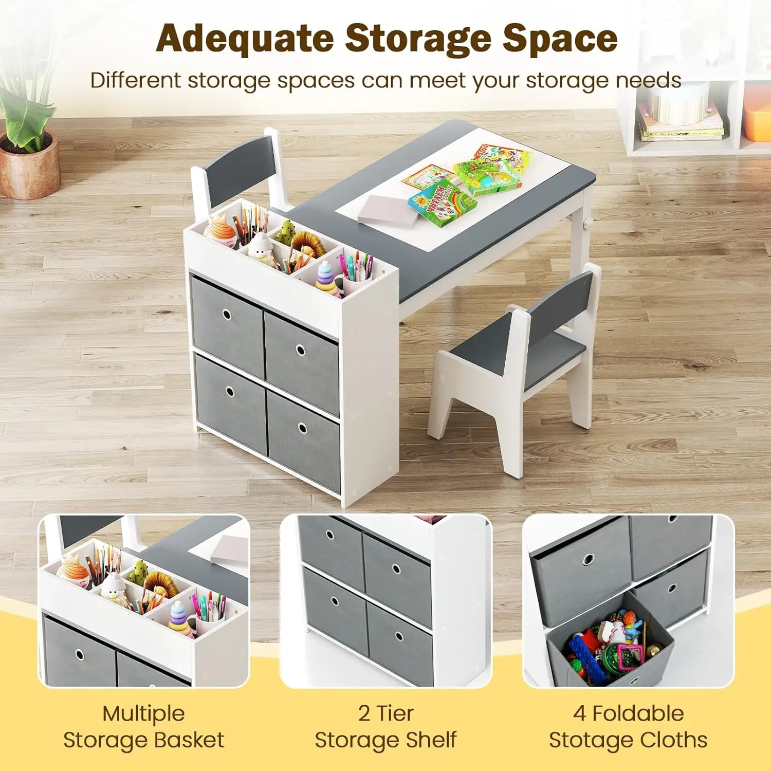 Set tavolo e sedie artistici per bambini, scrivania artigianale in legno con contenitori portaoggetti, per bambini dai 3 anni in su