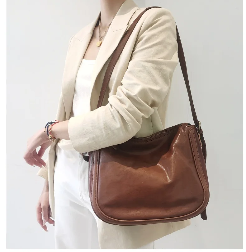 American Style Vegetable Tanned Cowhide Tote Bags For Women Messenger Bag Shoulder Crossbody Female Bag Simple Luxury Handbag