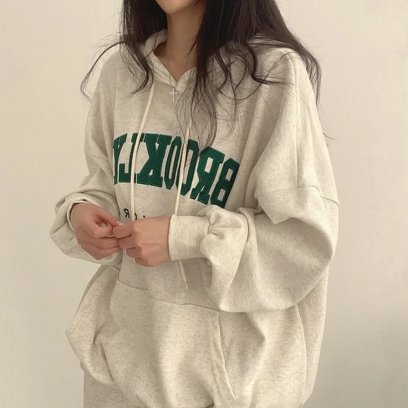 BROOKLYN Letter Print Hoodies Women Retro Chic Long Sleeve Loose Pullovers 2024 Harajuku Casual Hooded Sweatshirt Y2K Streetwear