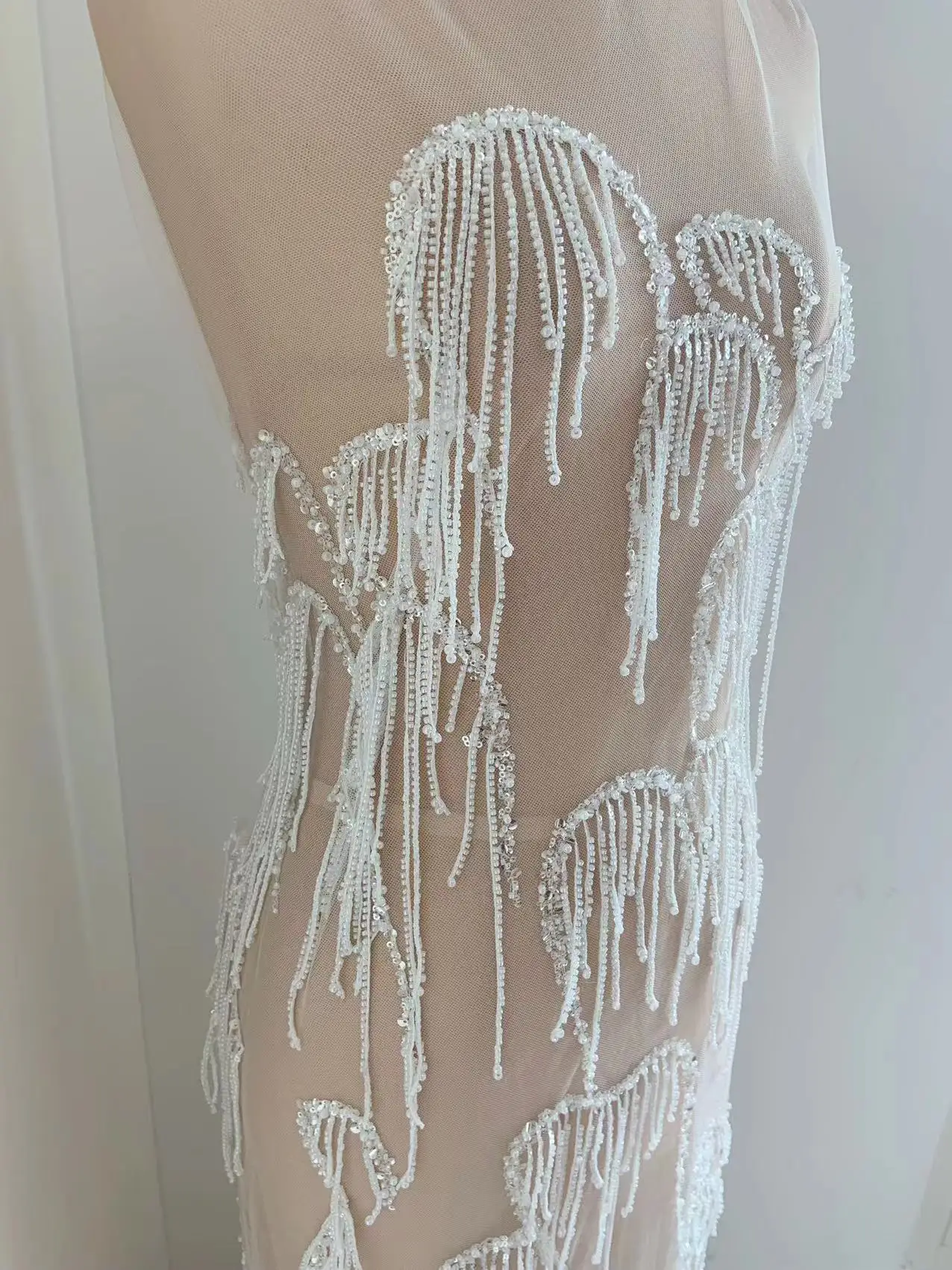 1 Yard Off White Fringe Tassel Lace Fabric Bead Sequins Tulle for Haute Couture,Ball Gown,Wedding Dress,Fancy Clothes