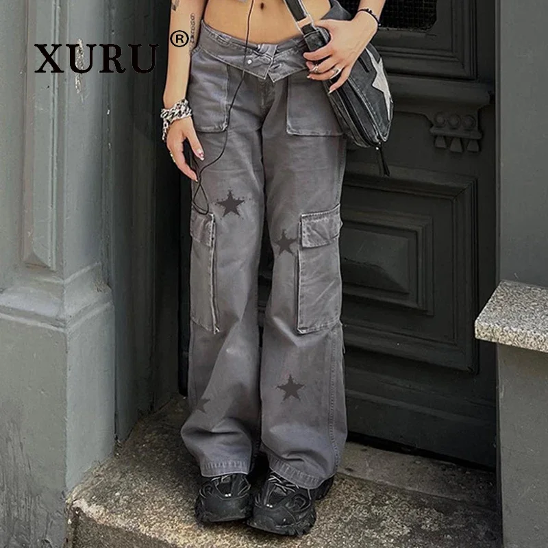 

XURU-Retro Low Rise Jeans for Women, Star Print, Large Pocket, Straight Casual Pants, New Street, European and American, K1-782