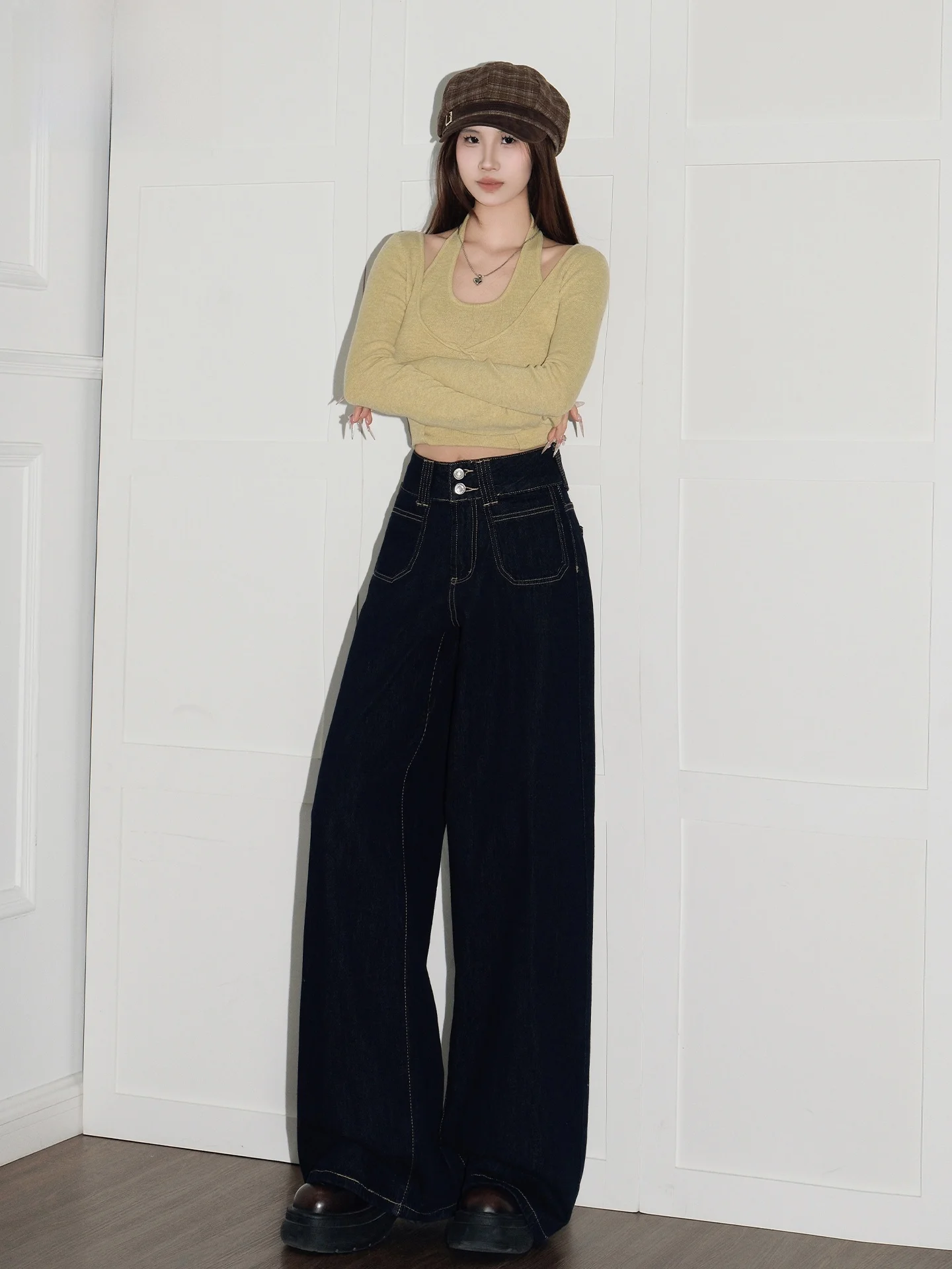 

Синие джинсы с высокой талией и широкими штанинами в американском стиле, женские свободные прямые длинные брюки, летние повседневные джинсы, новинка