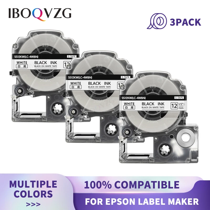 3x SS12KW LC-4WBN Compatible For Epson Label Tape SS9KW SS6KW ST12KW SC12RW SC12YW SC12BW for Epson LW-300 LW-400 Label Printer