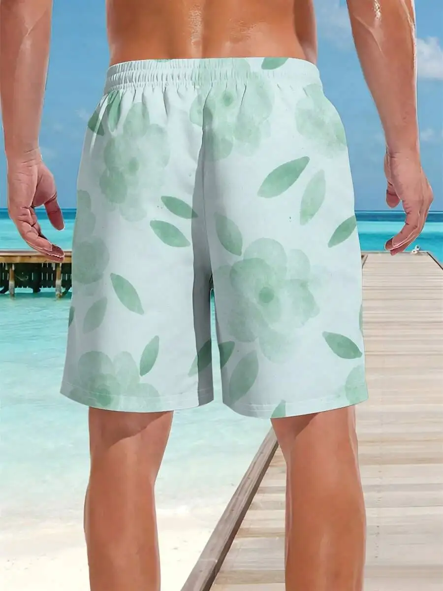 Shorts de Playa para Hombre con Estampado Floral, Flores y Hojas en Acuarela Verde, Traje de Baño Casual de Verano