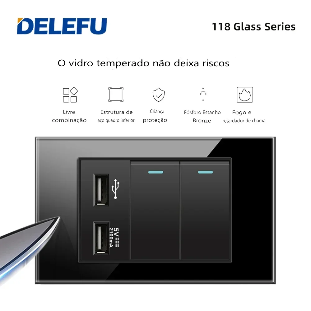 DELEFU Black Tempered Glass Panel Tpye-c USB Brazil Standard Wall Socket Package, 3gang Wall Switch, More Discounts.