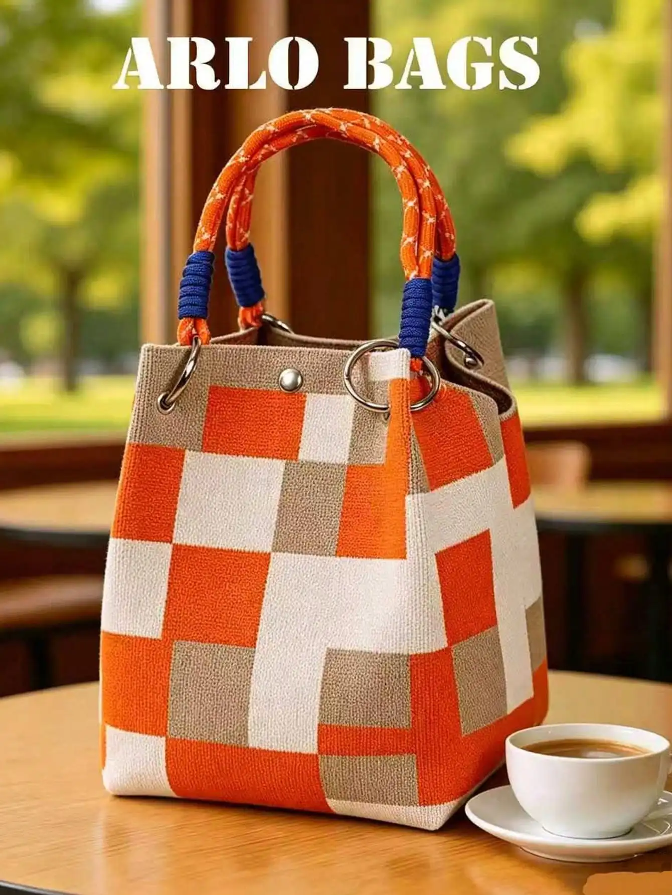 Orange Brown White Plaid Canvas Tote Bag Unique Woven Handle Daily Use Street Style Women Students