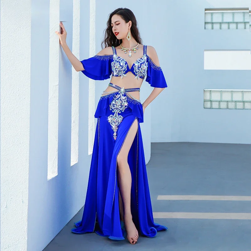 

Women Senior Stones Bra+Satin Long Skirt Competition Oriental Performance Suit Bellydance Outfit Belly Dance Costume Suit