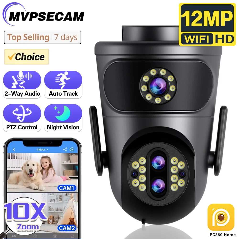 New 6K WiFi Camera Outdoor 10X Zoom 3 Lens 2 Screen PTZ Video Surveillance Street 12MP Security-Protection CCTV Cameras IPC360