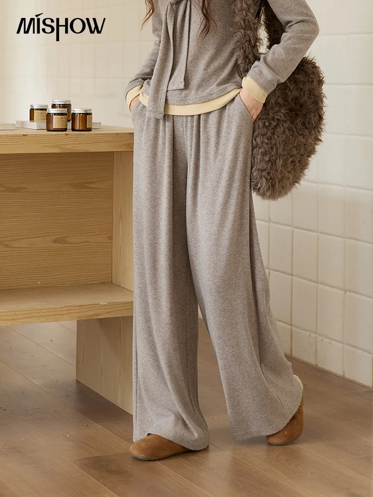 MISHOW イラスティックウエストカジュアルパンツ 2025 秋冬 無地 フルレングスパンツ ルーズワイドレッグパンツ オフィスレディ MXE89K1119