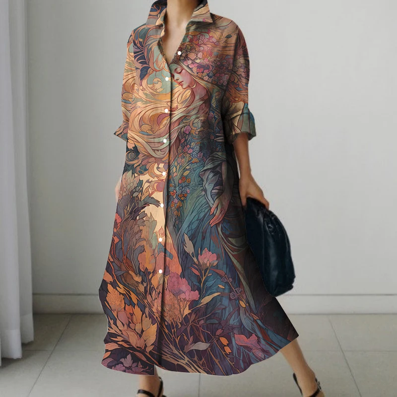 Japanese Classical Cat Wave Print Autumn Long-sleeved Shirt Dress Street Fashion Loose Knee-length Skirt Loose And Comfortable