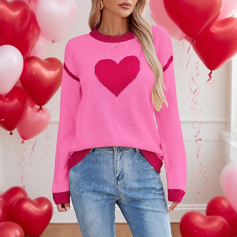 Valentine's Day Sweaters for Women Heart Contrast Color Crewneck Knit Tops Pullover