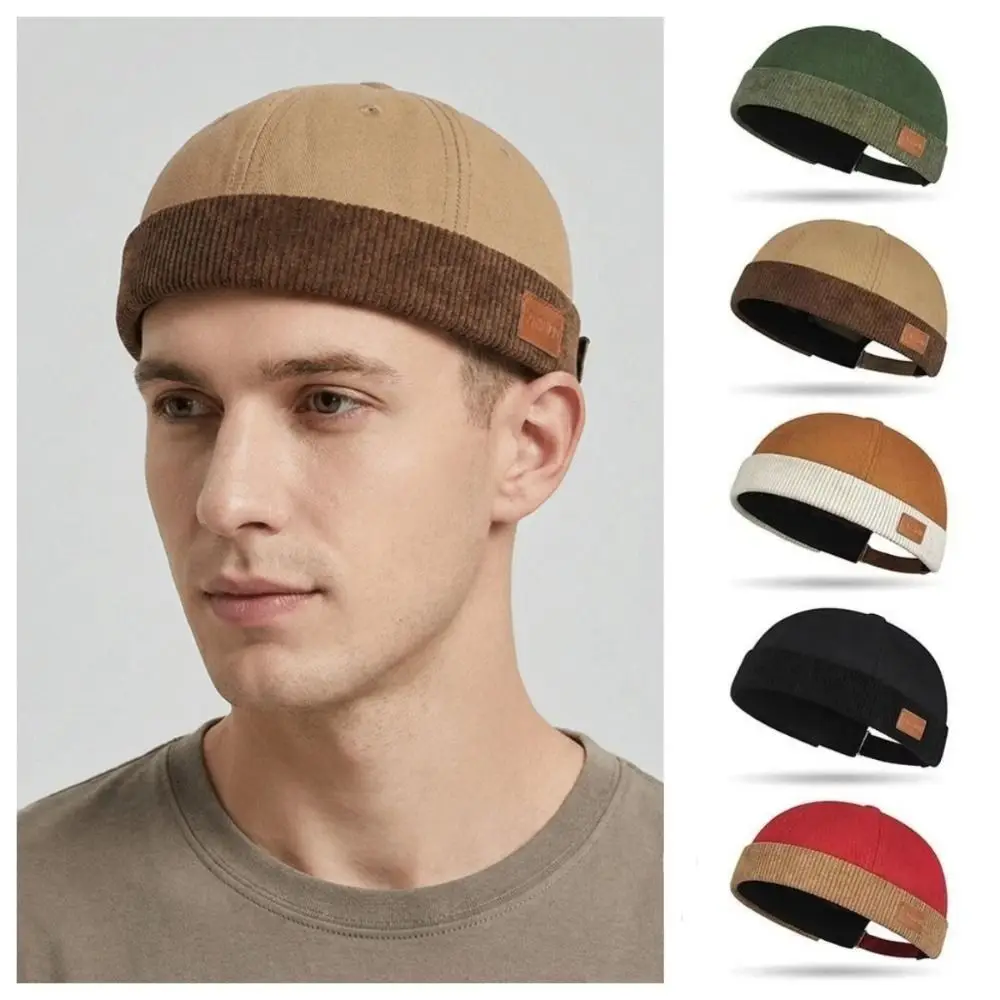 Casual Corduroy Splicing Dome Melon Cap Solid Color Adjustable Bucket Cap Beanies Brimless Landlord Hat Outdoor