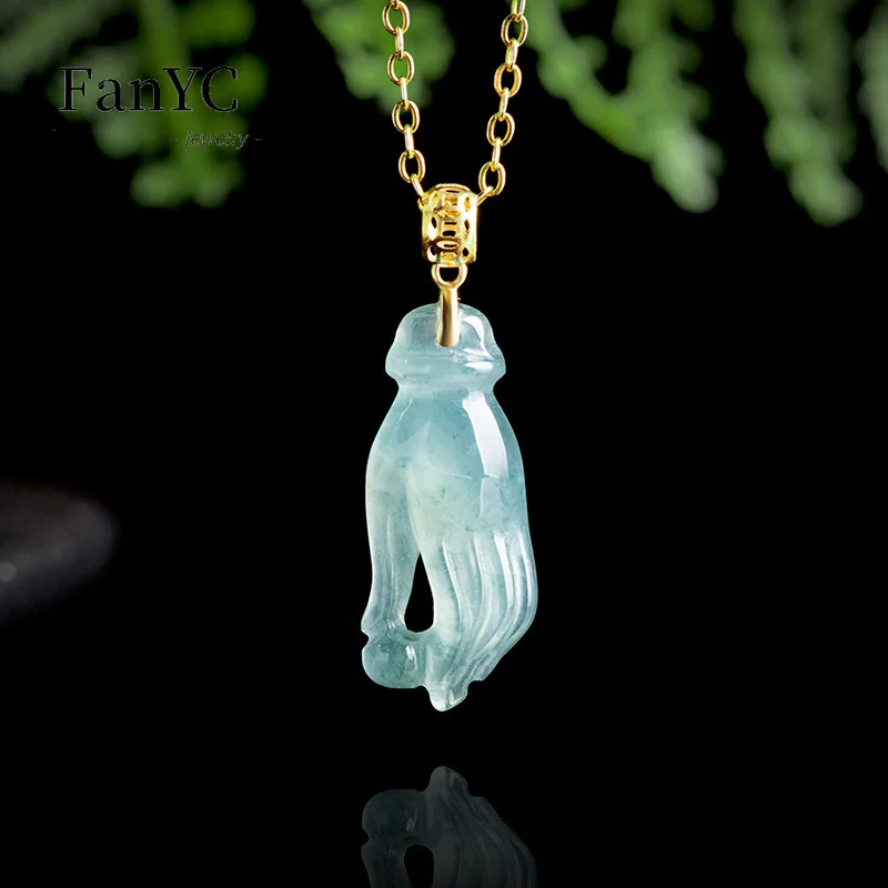 

Natural A-goods Jadeite Blue Water Palm Pendant 18K Gold Inlaid Hand-carved High-grade Glamour Ice Jade Necklace Ladies Gift