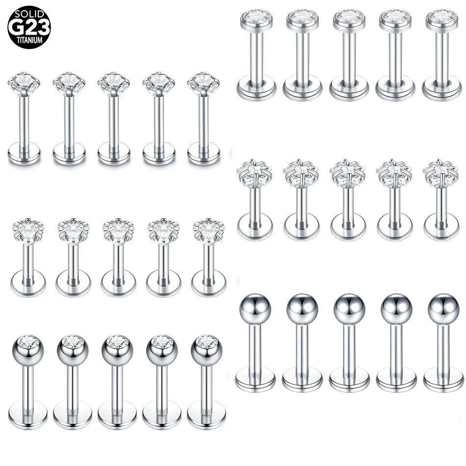 5 Stück G23 Titan CZ Runde Herz Stern Labret Ohrstecker 16G Tragus Helix Knorpel Conch Flatback Ohrläppchen Piercing Körperschmuck