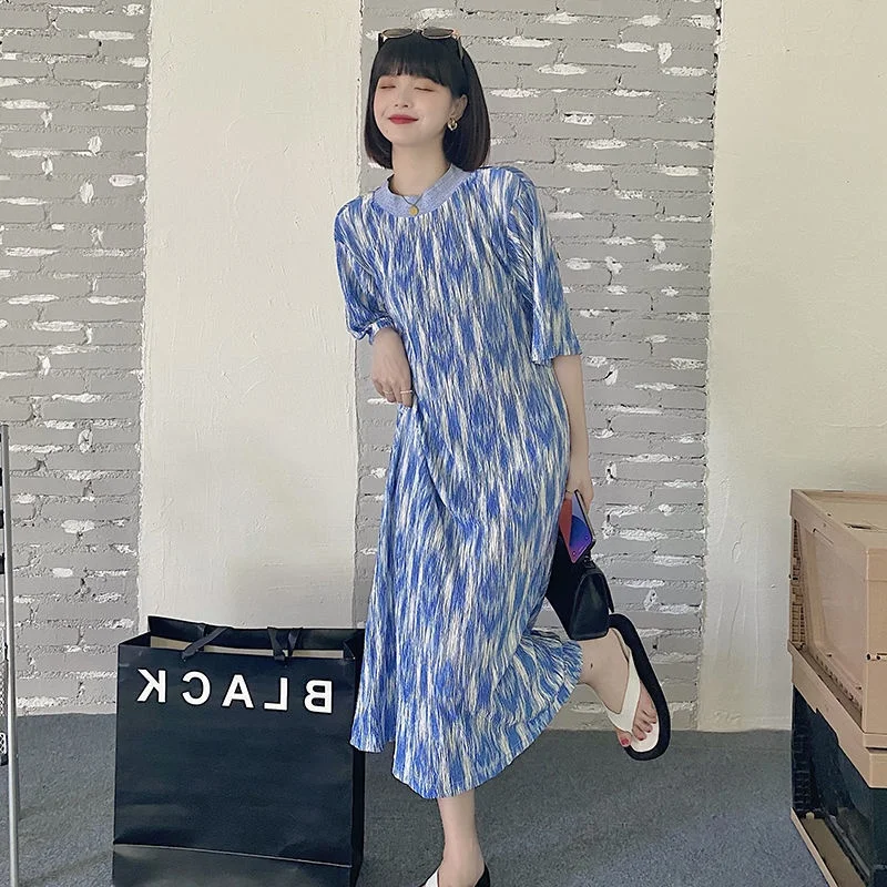 

Женское летнее платье миди свободного кроя больших размеров с коротким рукавом, окрашенное, комфортное, дышащее, в корейском стиле, с круглым вырезом