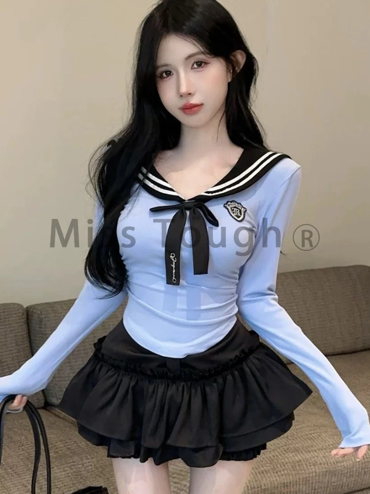 Japanese Sweet Party Two Piece Set Women Sailor Collar Elegant Tops + Mini Skirt Sets Korean Fashion Ruffle Kawaii Suit Autumn