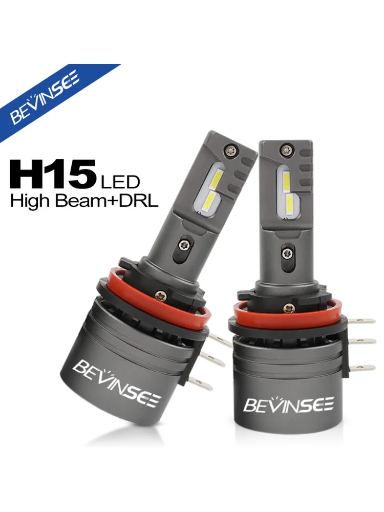 BEVINSEE 2x H15 LED-Glühbirne 50W Fernlicht + 16W DRL Tagfahrlicht Turbofan 6000K Weiß H15 LED Autolampe Lange Lebensdauer 12V
